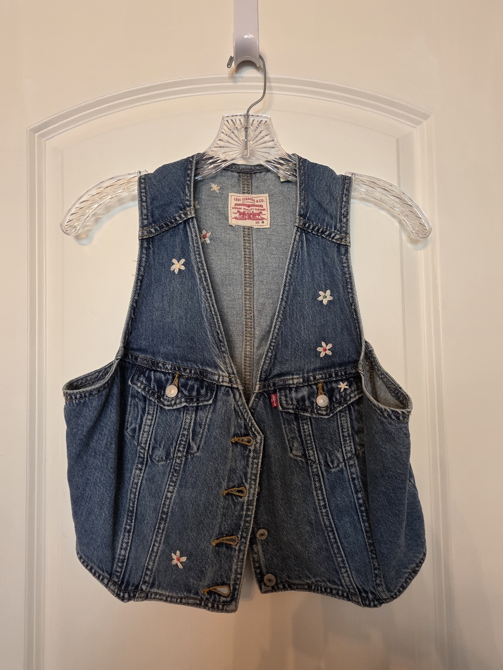 Denim Vest With Embroidered Daisies